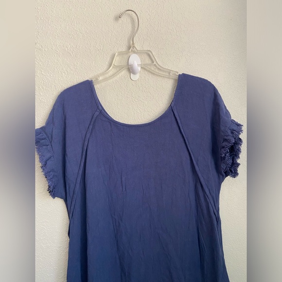 NWOT, Umgee Linen Blend Round Neck Navy Dress w Pockets Fringed Assymetrical Hem - Picture 3 of 13